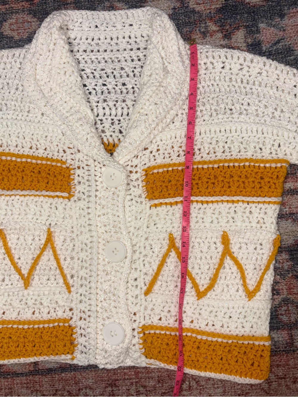 Handmade Knit Crochet Cardigan Sweater Mustard Yellow & Cream Boho - Picture 13 of 16